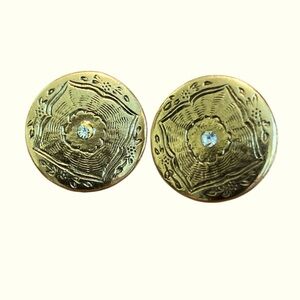 Gold Tone Round Stud Lotus Earrings with Crystal Center and Design on the back